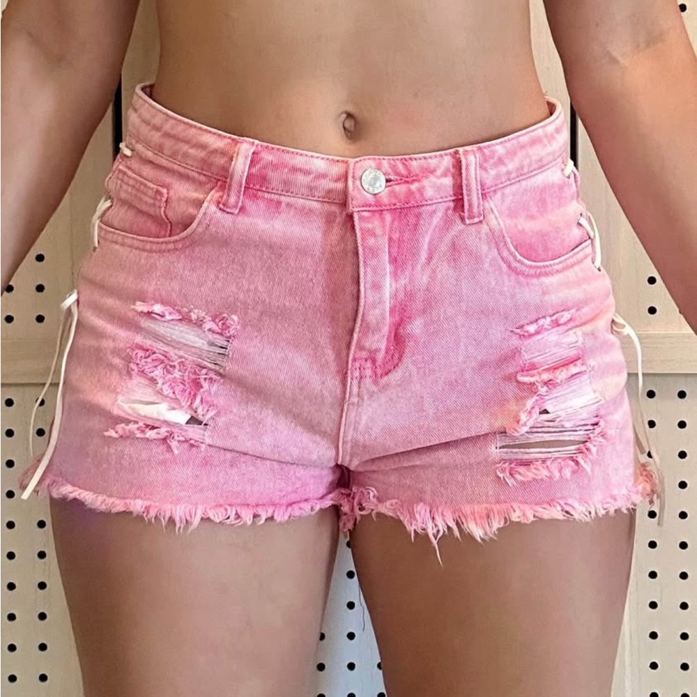 SHEIN Pink Distressed Jean Shorts High-Waisted Frayed Hem